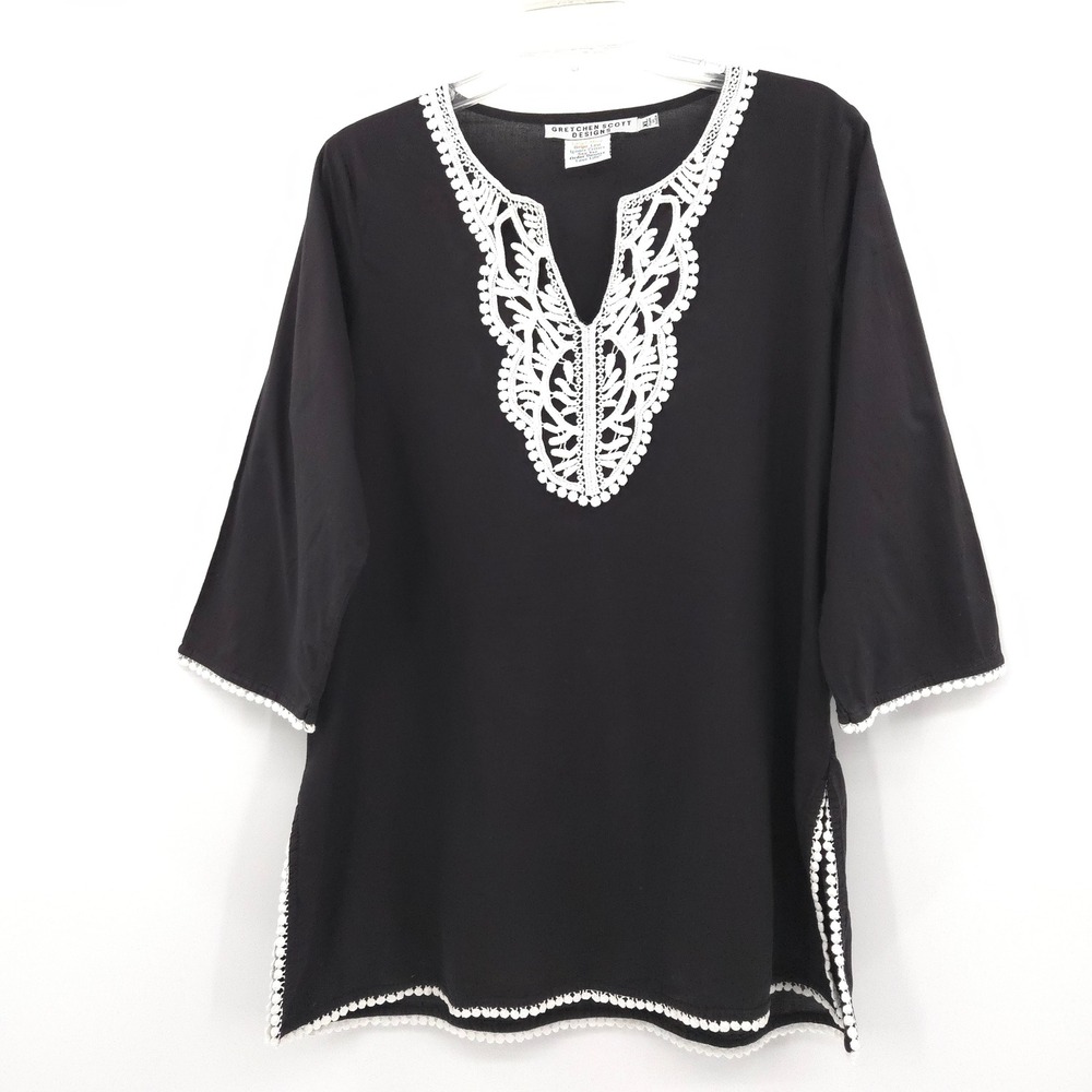 Gretchen Scott Tunic Top Womens XL Black Embroidered Pom Pom Trim Cotton